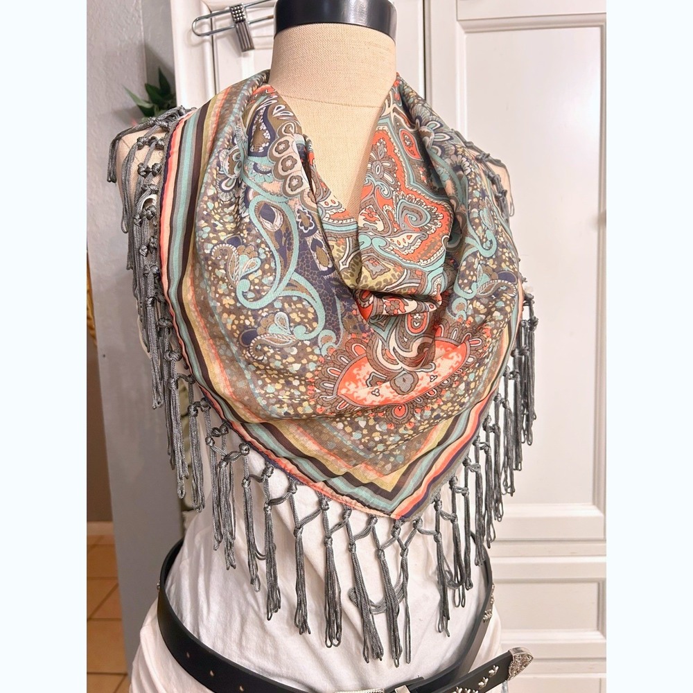 Boho Paisley Triangle Scarf with Long Knotted Tassel Fringe Earth Tones Teal